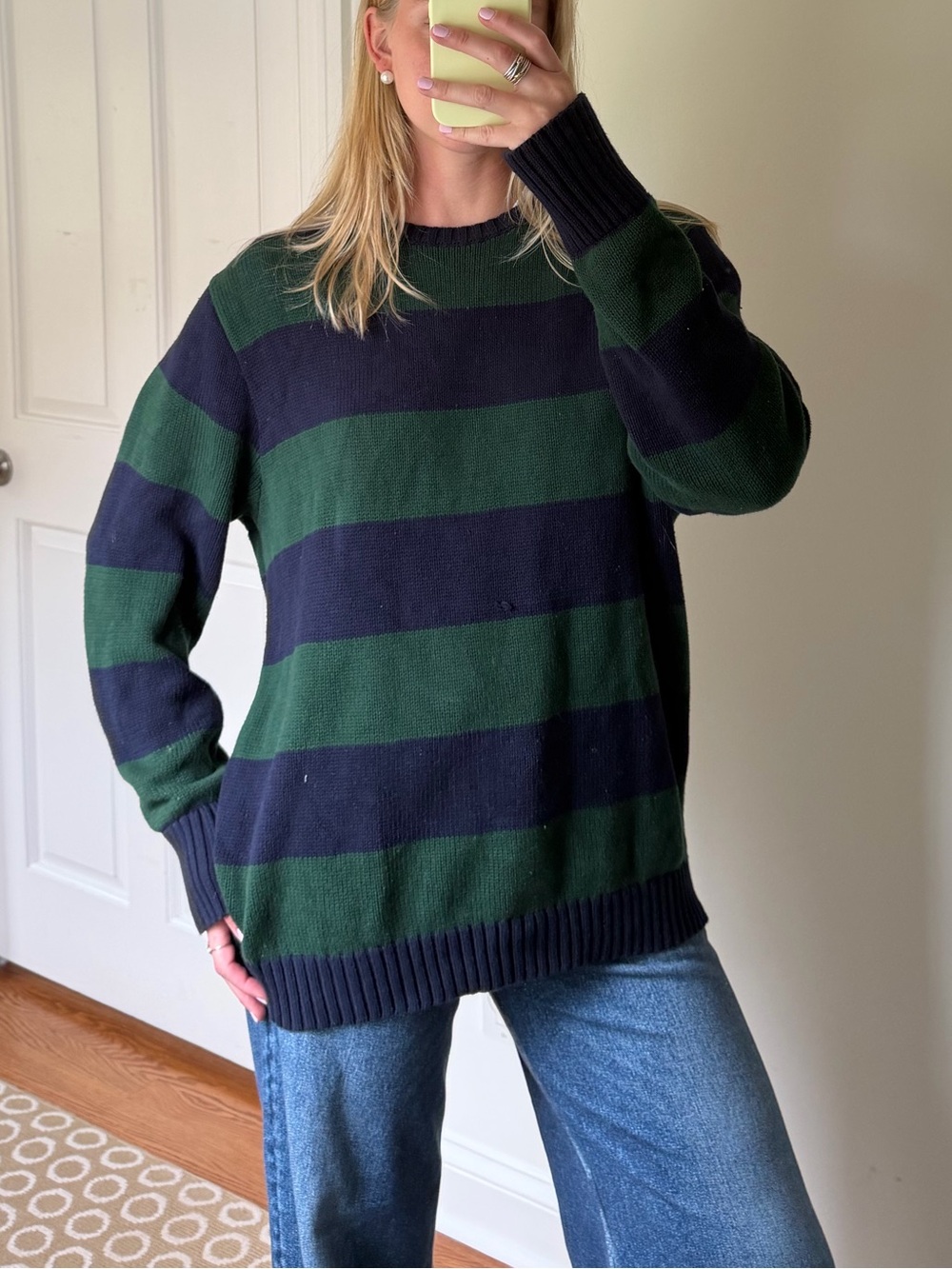 Brandy Melville Green and Navy Striped Crewneck Sweater